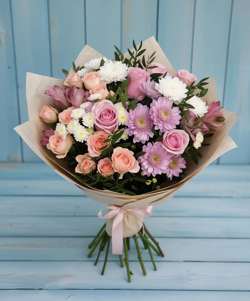 Букет цветов из: Хризантемы, Розы и Альстромерии в Красный Профинтерн