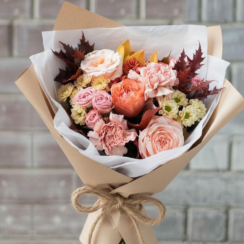 Букет цветов из: Гвоздики, Хризантемы и Розы в Красный Профинтерн