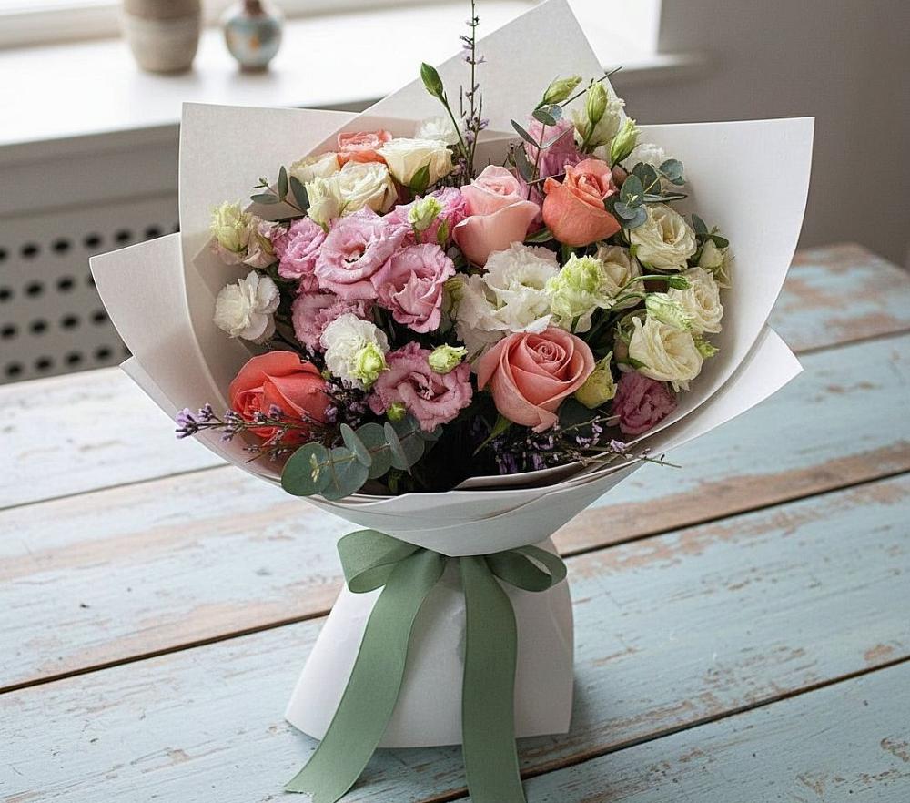 Букет цветов из: Розы, Лизиантусы и Гвоздики в Красный Профинтерн