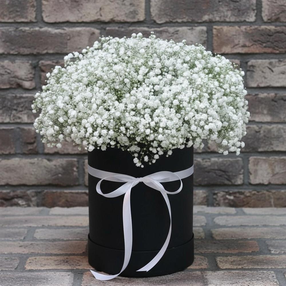 Цветочная композиция из Гипсофила в шляпной коробке в Красный Профинтерн