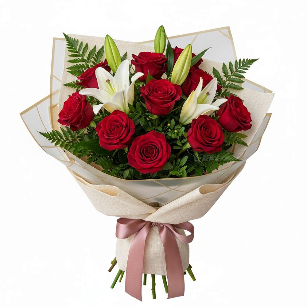 Букет цветов из: Лилии и Розы в Красный Профинтерн