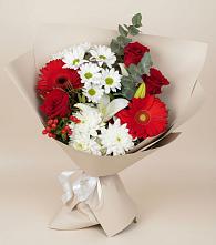 Букет цветов из:  Розы, Хризантемы, Герберы и Лилии #REPLACE_PRED# Красный Профинтерн