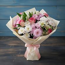 Букет цветов из:  Хризантемы, Альстромерии и Розы в Красный Профинтерн