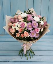 Букет цветов из:  Хризантемы, Розы и Альстромерии в Красный Профинтерн