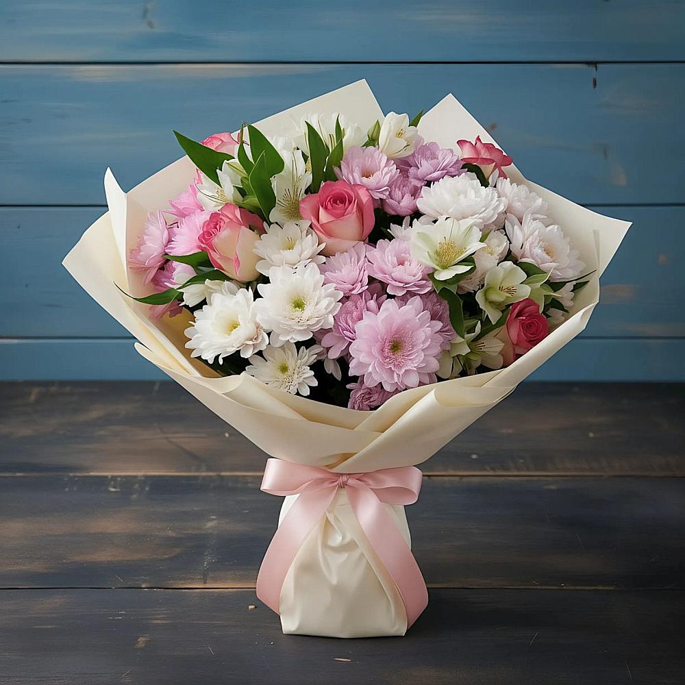 Букет цветов из: Хризантемы, Альстромерии и Розы в Красный Профинтерн